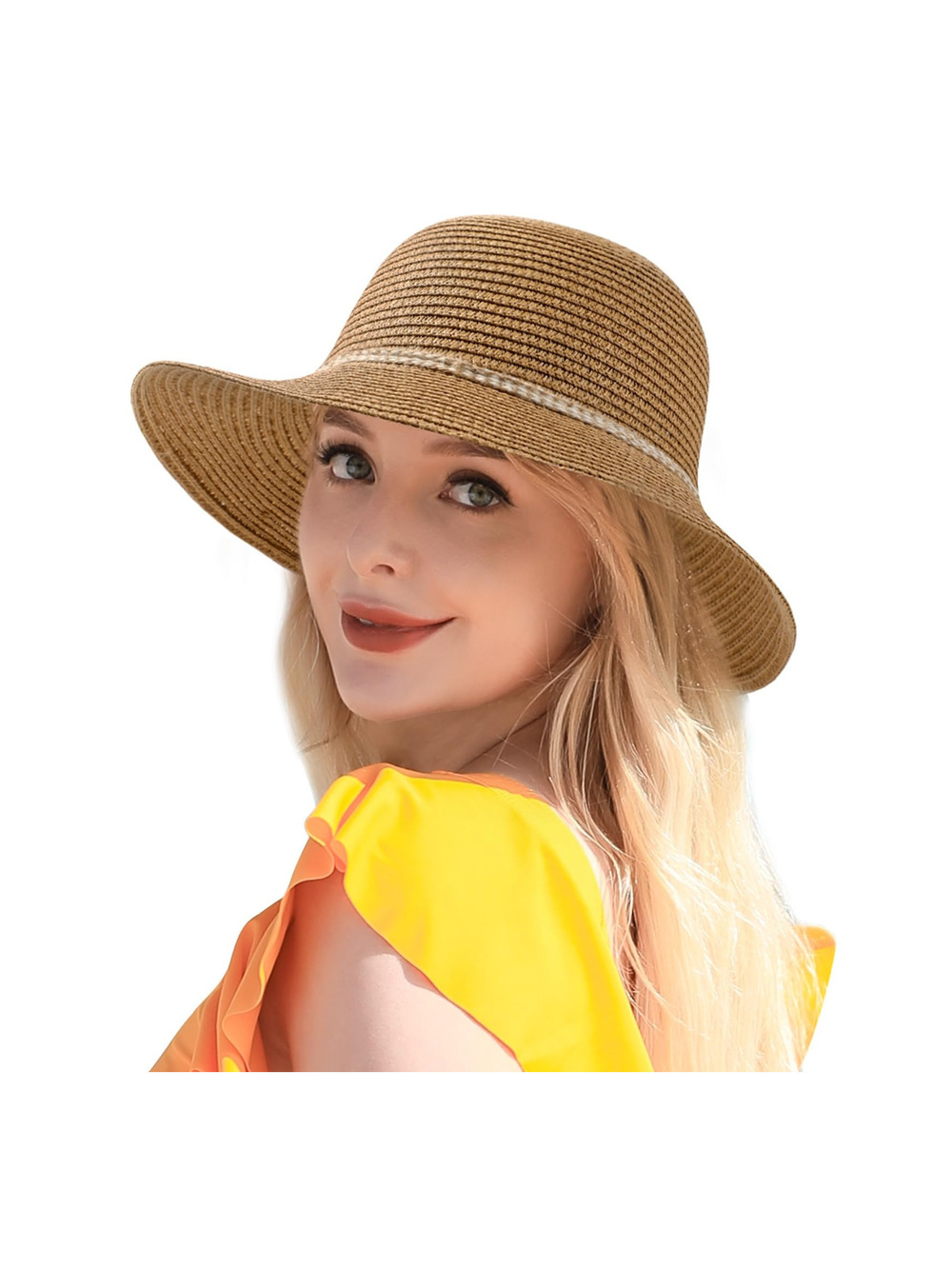 Beach Sun Straw Hats for Women, UPF 50+ UV | Khaki, Hemp Rope Buckle | Size OS